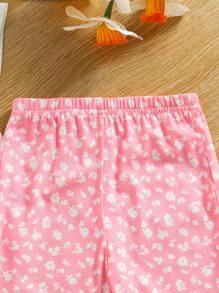 SHEIN Ensemble assorti décontracté pour jeune fille avec motif mignon de fille et pantalon floral