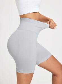 SHEIN Sports Shorts deportivos sin costuras de cintura alta y unicolor para el verano - Gris Claro - Ver 5