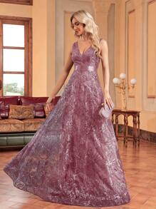 BluePlum 女士亮片刺绣收腰V领无袖及地优雅正式晚礼服（重工装饰） - 藕粉色 - 查看 5