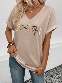 INAWLY 夏季休闲时尚V领字母印花女式T恤图案T恤女式上衣 - 彩色 - 查看 3