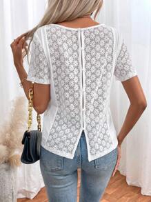 SHEIN Frenchy T-shirt décontracté d'été pour femme avec dentelle florale, col rond et manches courtes - Blanc - Voir 1