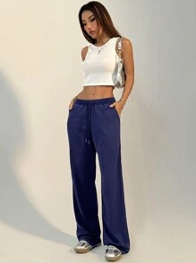 SHEIN Unity Women's Casual Drawstring Striped Waist Sweatpants - Navy Blue - View 3