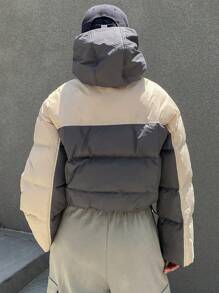 DAZY 女士拼色连帽宽松长袖夹棉大衣，带拉链和口袋，冬季女装，夹棉大衣女式夹克 - 灰色 - 查看 2