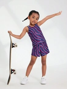 SHEIN 2pcs Young Girl Colorful Print Yoga Fitness Running Cycling Breathable Elastic Comfortable Skin-Friendly Fitted Sleeveless Top And Shorts Set