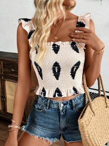 SHEIN LUNE Women's Vacation Style Top With Ruffled Straps, Random Print - Apricot - View 3