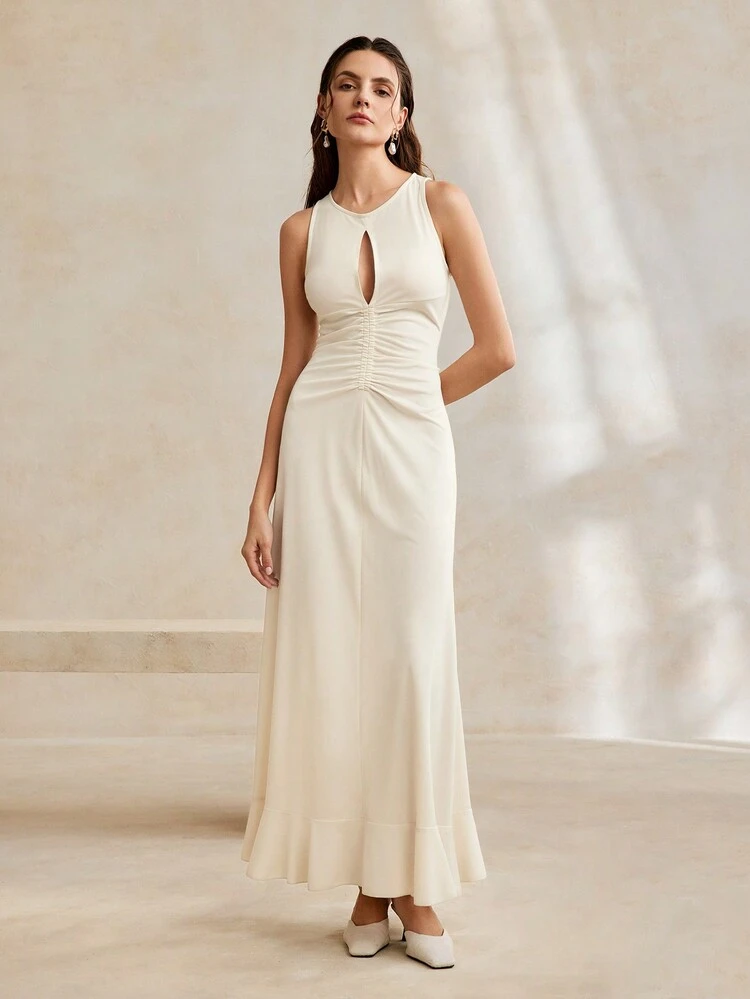 Korean Style Plain Halter Neck Sexy Pleated Design Ruffled Trim Dress, Evening Gown