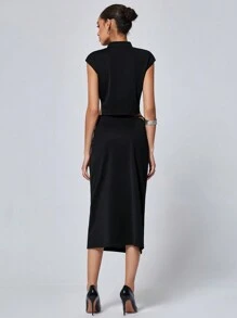 GENKIRA Sleeveless Knitted Midi Dress With Side Slit And Buckle Accents, 2pcs/Set In Solid Color, New Chinese Style - Black - View 2