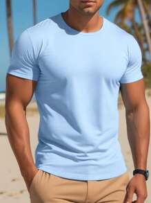 Men's Summer Solid Color Round Neck Casual Short Sleeve T-Shirt - Baby Blue - View 1