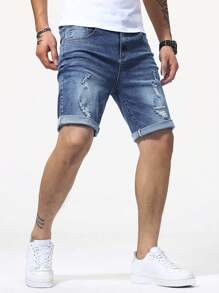 Manfinity Homme Shorts mezclilla de bermuda bajo enrollado rotos - Azul lavado medio - Ver 3