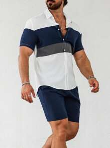Manfinity Homme Conjunto de camisa de manga corta y pantalones cortos simples para hombre con bloque de color para uso diario - Blanco - Ver 1