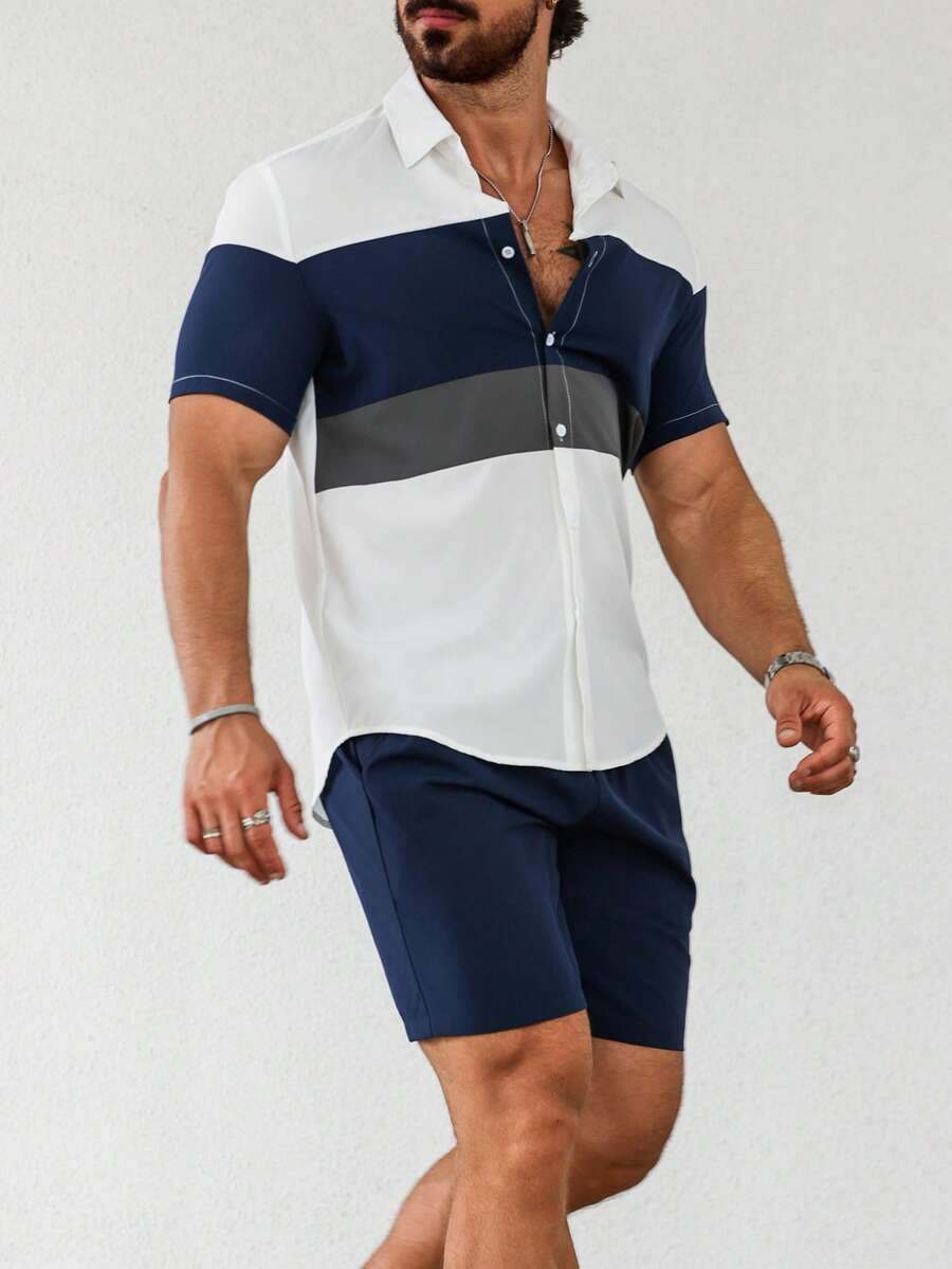 Manfinity Homme Conjunto de camisa de manga corta y pantalones cortos simples para hombre con bloque de color para uso diario - Blanco - Ver 1