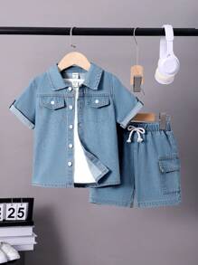 SHEIN Young Boys' Knitted Denim Vest, Short Sleeve T-Shirt And Shorts 3pcs/Set