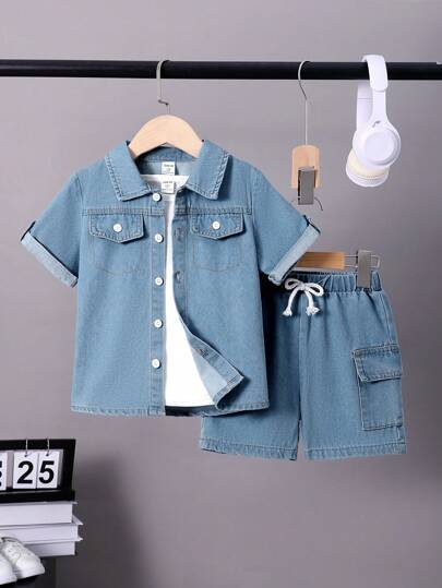 SHEIN Young Boys' Knitted Denim Vest, Short Sleeve T-Shirt And Shorts 3pcs/Set, School, Campus, College Summer Holiday