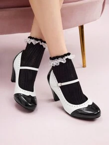 CUCCOO DOLLMOD Vintage Black & White Patterned High Heel Shoes Spring Shoes Spring Break Easter For Christmas