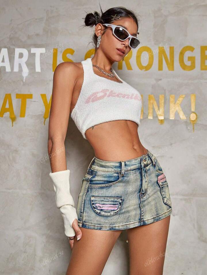 Y2K Vintage High Waist Stretchy Pink Zipper Decor Patch