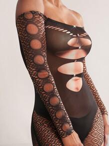 Hauture Lace Body Print Jumpsuit Rave Festival Outfit - Black - View 2