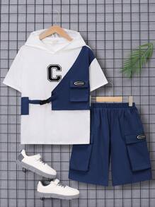SHEIN 青少年男孩鬆身休閒連帽上衣加短褲2件套裝 - 藏蓝色 - 查看 7