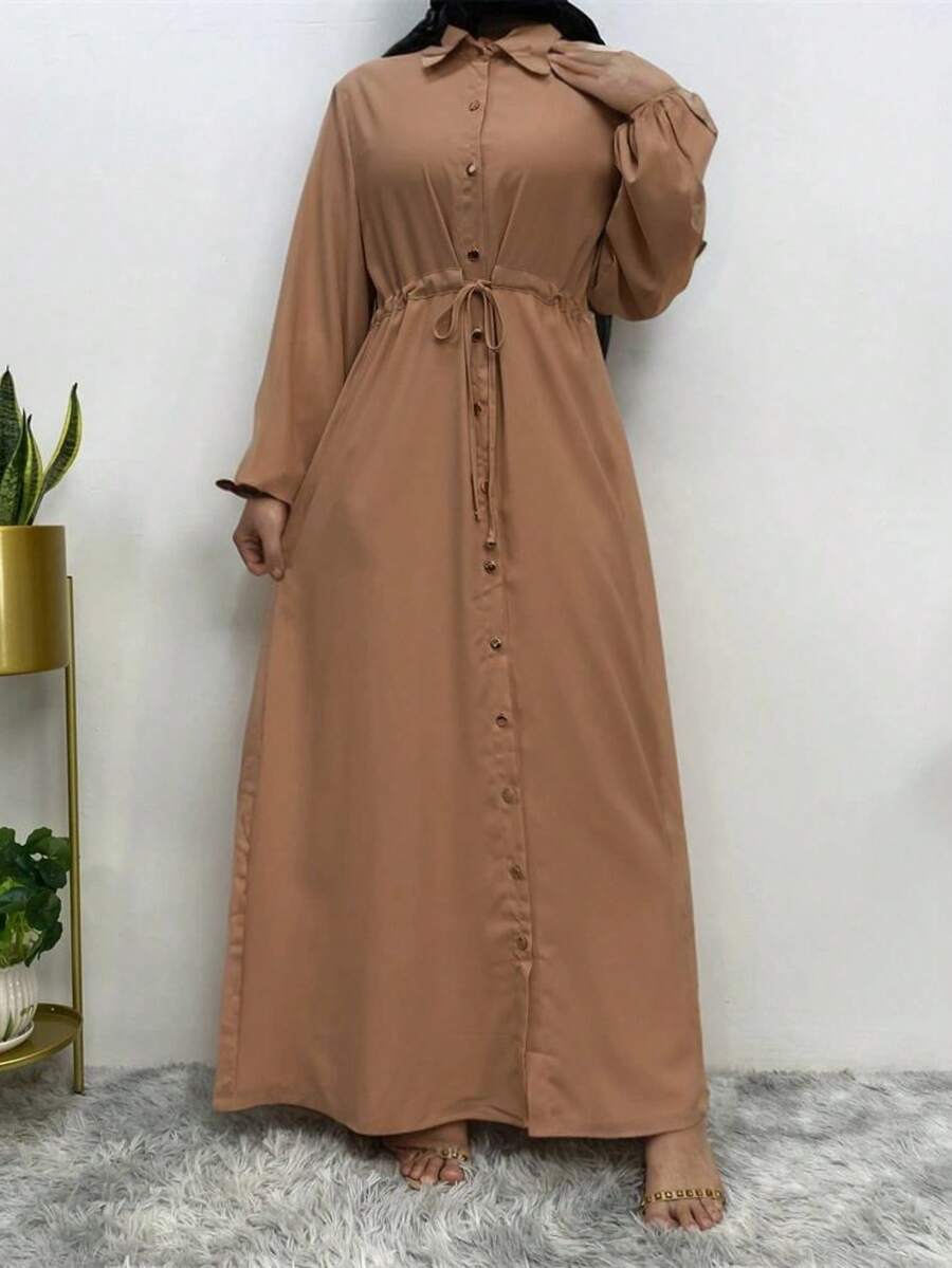 Fashion Women's Loose Collar Casual Plain Color Full Button Long Arabian Robe - Brown - View 1