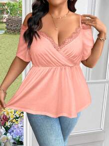 SHEIN Clasi Plus Summer Eyelash Lace Trim Cold Shoulder Peplum Tee - Pink - View 5
