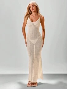 Aloruh Ladies' Knitted Hollow Out Beach Dress In Apricot Color, Deep V Neckline & Gathered Waistband For Resort Vacation - Apricot - View 6