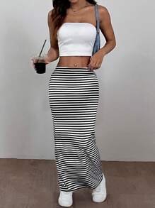 SHEIN EZwear 女士條紋針織型緊身及膝裙 - 黑與白 - 查看 6