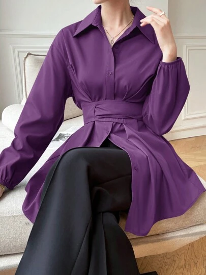 Heiryn 女士休闲纯色长袖系腰衬衫，春/夏/秋季