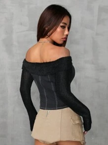Áo dệt kim denim lệch vai - Màu xám đen - Xem 2