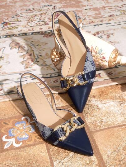 CUCCOO TILAWA Women's Vintage Chain Decor Floral Patchwork Pointed Toe Back Strap Kitten Heels, Fashionable And Comfortable For Daily Wear, Outdoor Parties, Spring/Summer, Blue High Heels Spring Shoes Spring Break Easter Prom Heels For Christmas