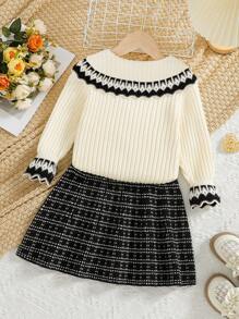 Young Girls' Sweater Co-Ords Knitted Set With Skirt, Casual & Elegant For Baby Girls With Vintage, Classic, And Quiet Style; Suitable For Staying At Home, , And Attending School With College & British Style - Black and White - View 2
