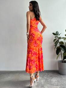 Firerie Vestido largo y elegante con estampado floral, diseño de cola de pez con dobladillo retorcido y un solo hombro, adecuado para vacaciones, citas y festival de música para mujeres