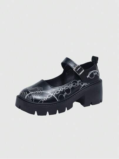 Kawaii Damen Mary Jane Schuhe mit Chunky Plateau und Kettenmuster, im Punk-Stil