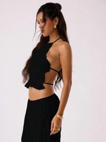 MUSERA Top halter estilo bohemio para salir, top corto con cuello alto fruncido, verano vacacional Ibiza