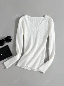 Spring Autumn V Neck Basic Women Rib Sweater,Long Sleeve Tops