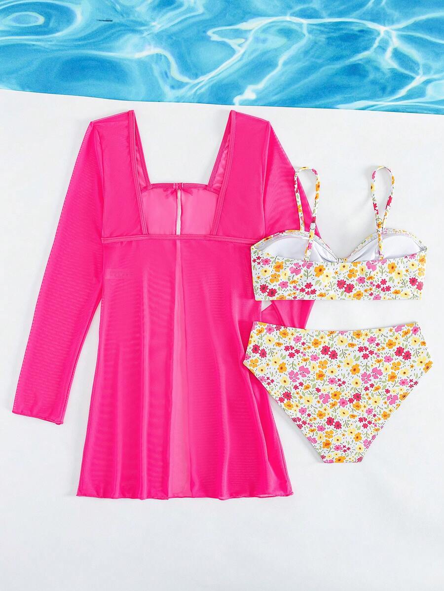 Bộ bikini in hoa đi biển mùa hè cho bé gái tuổi teen với áo và quần tách rời, kèm áo choàng dài tay - Nhiều màu - Xem 1