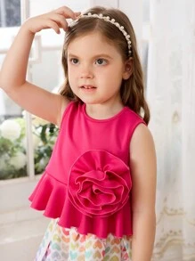 SHEIN Young Girl Light Pink Summer Birthday Knitted Sleeveless Top With 3D Flower Pattern,Woven Heart Shaped Pattern A-Line Skirt,2pcs/Set Casual Outfits - Hot Pink - View 3