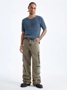 Manfinity Hypemode Men's Denim Vintage Rustic Dirty Multi-Pocket Cargo Jeans - Rust Brown - View 4