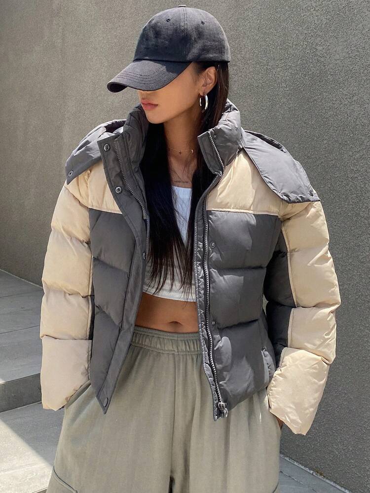 Color Block Hooded Loose Fit Long Sleeve Padded Coat With Zipper And Pockets For Women,Winter Women Clothes,Padded Coat Women Jacket
