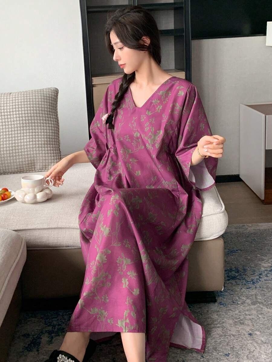 DAZY 花卉轮廓全身印花宽松睡裙，适合秋季睡衣