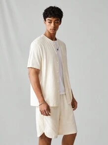 Manfinity VCAY Men's Fashionable Knitted Casual Casual Solid Color Short Sleeve Shirt And Shorts Set, Daily Wear - Beige - View 4