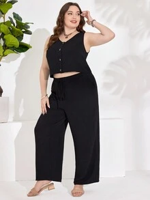SHEIN LUNE Bộ quần dài và áo không tay màu trơn Plus Size Kỳ nghỉ & Giải trí - màu đen - Xem 3