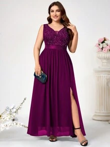 大码深V领亮片花卉蕾丝雪纺无袖正式派对连衣裙 夏季优雅 - 紫紅色 - 查看 5