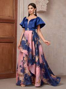 Vestido maxi de dama de honor con estampado floral, escote de corazón y mangas cortas con volantes, vestido elegante - Multicolor - Ver 6