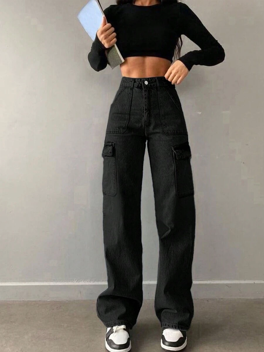 Women's American Casual Versatile Basic Mid-Rise Straight Work Jeans - Black - View 1