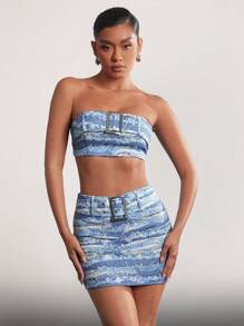 Denimoi Distressed Graphic-Effect Buckle Top & Skirt Two Pieces Set