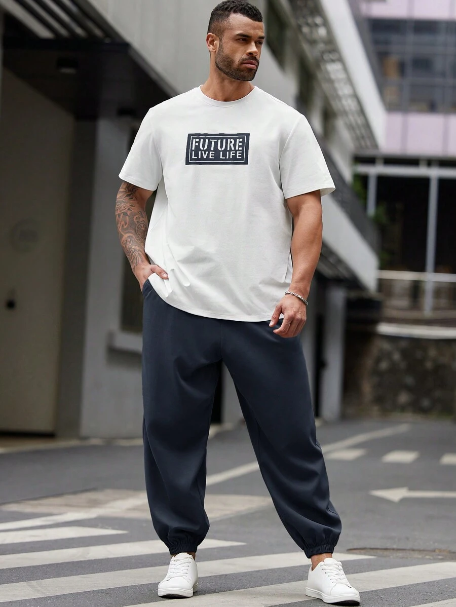 EASEVO 2pcs/Set Plus Size Men's Casual Short Sleeve T-Shirt And Drawstring Pants Set - Multicolor - View 1
