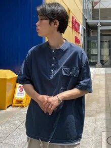 DAZY Men's Summer Plain Button Down Cargo Shirt With Pockets, Drop Shoulder & Loose Fit Back To School - Blue - View 3