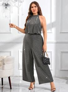 SHEIN Clasi Plus Size Halter Neck Glitter Elegant Party Jumpsuit