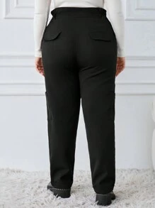 SHEIN Cottnline Plus Size Solid Color Ladies' Pants With Side Pockets - Black - View 2