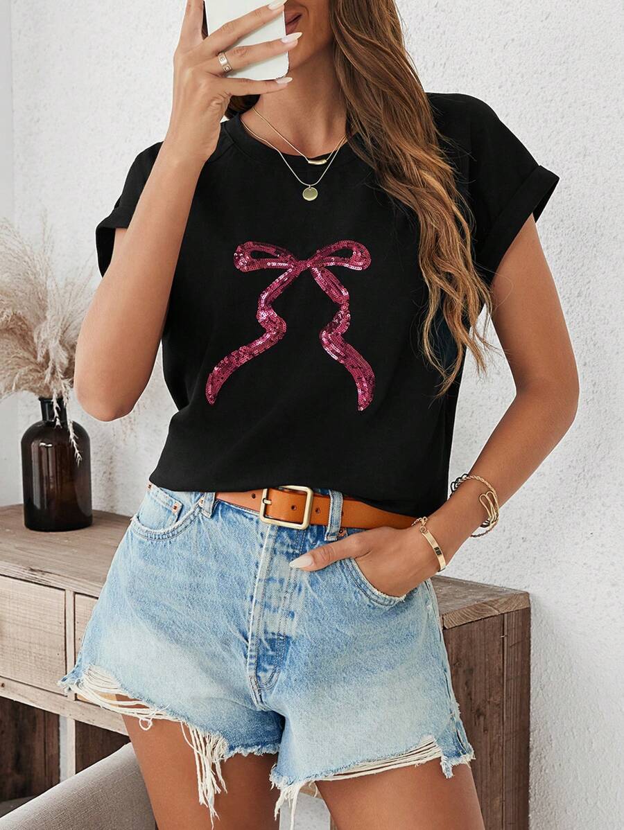 SHEIN LUNE Áo thun ngắn tay cổ tròn in hình nơ mùa hè dành cho nữ - màu đen - Xem 1