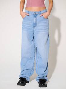 WESTFADE Quần Jeans Denim Baggy Không Co Giãn 100% Cotton Cao Cấp - Màu xanh nhạt - Xem 3
